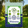 Blue Chinoiserie Triple Topiary Garden Flag