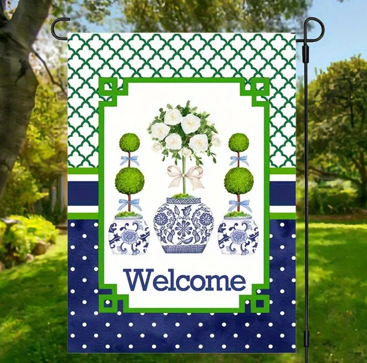 Blue Chinoiserie Triple Topiary Garden Flag