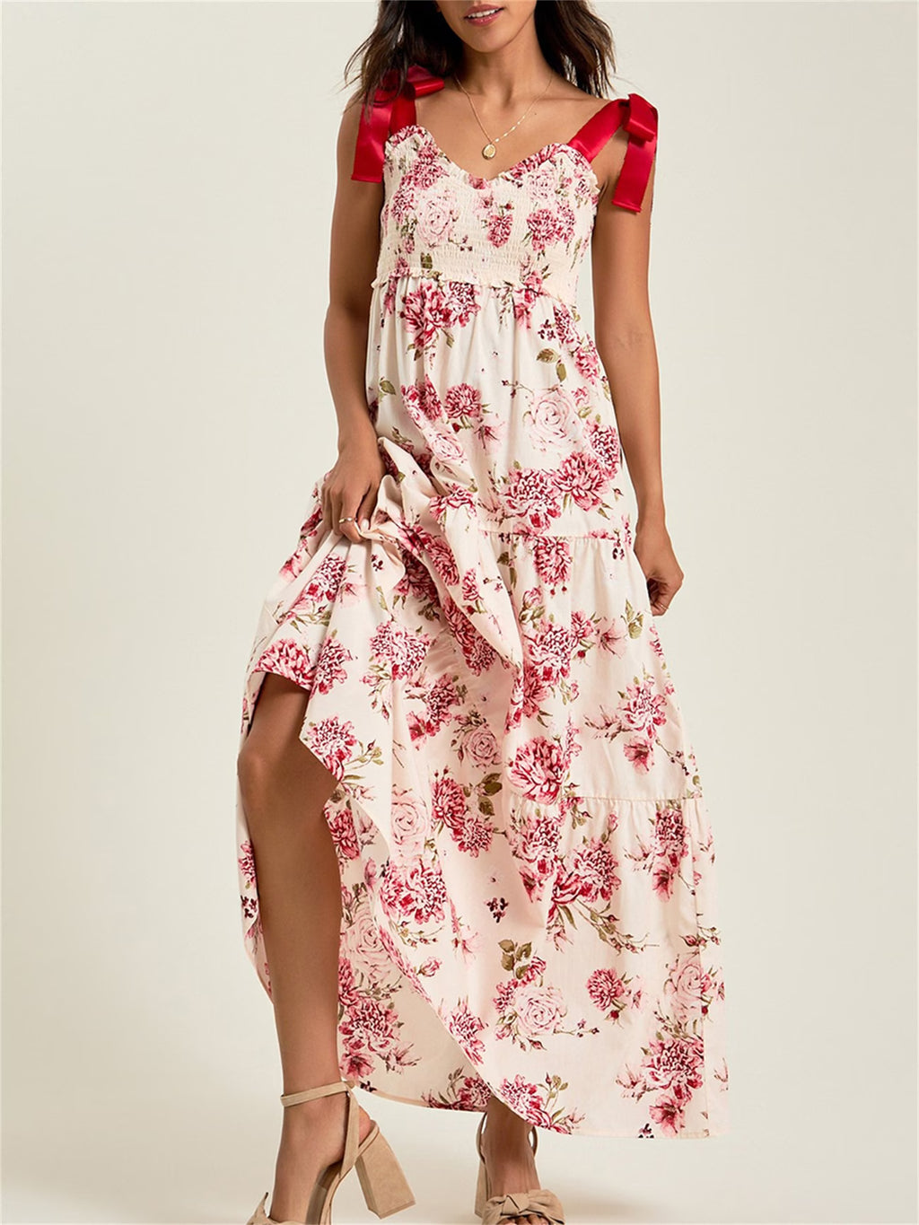 Red Floral Print, Ribbon Strap Dress