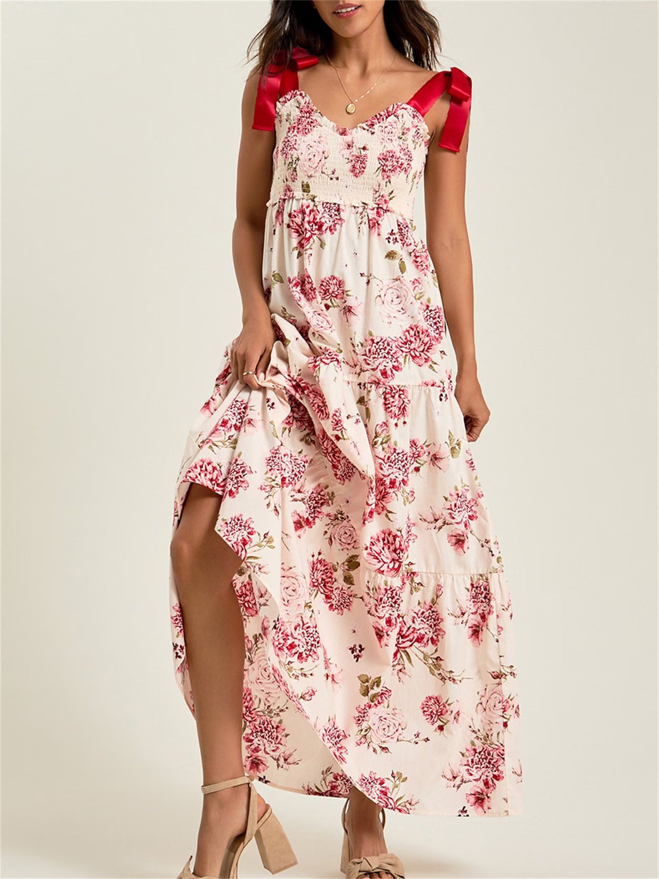 Red Floral Print, Ribbon Strap Dress