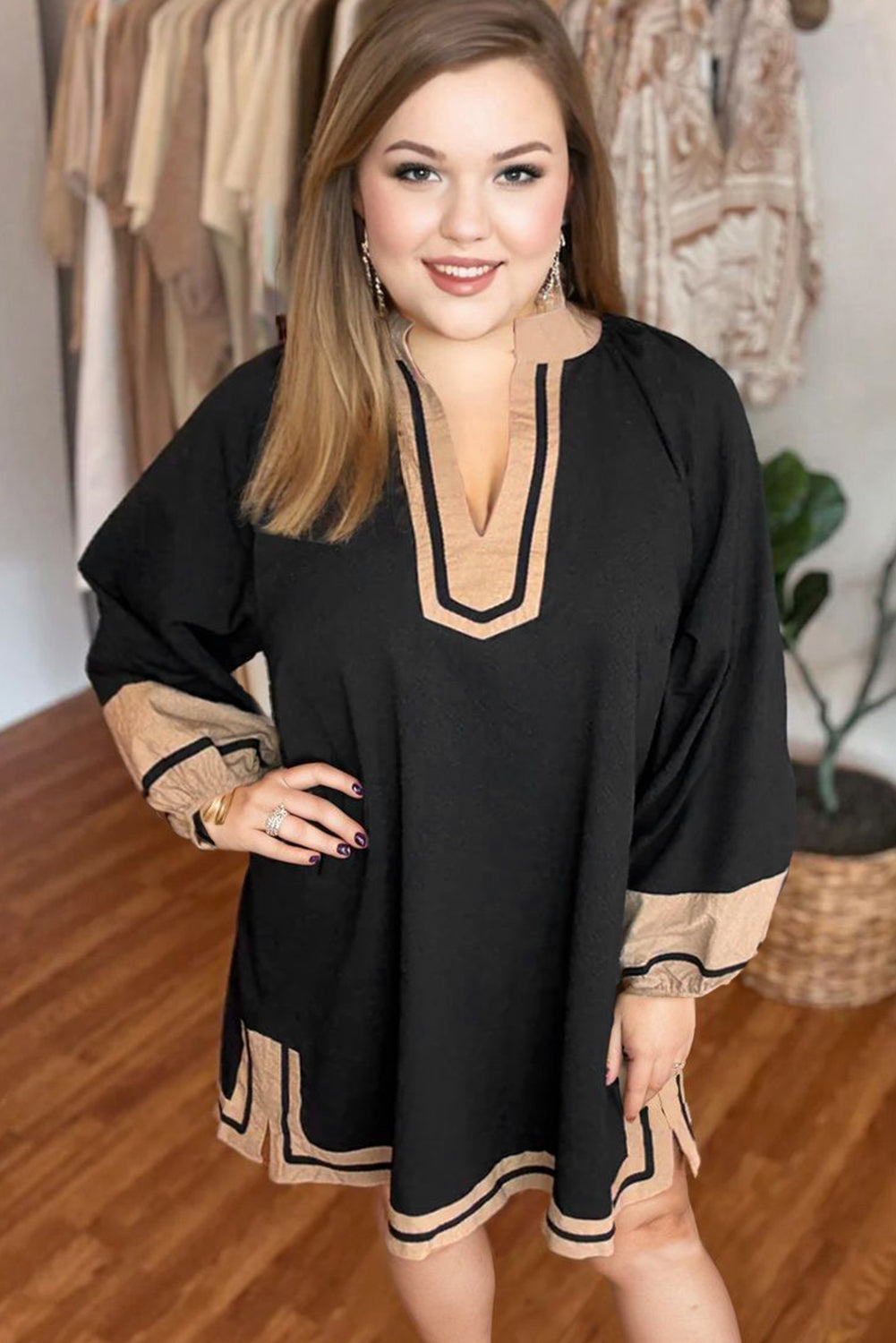 Color Block Trim Long Sleeve Black Plus Size Dress