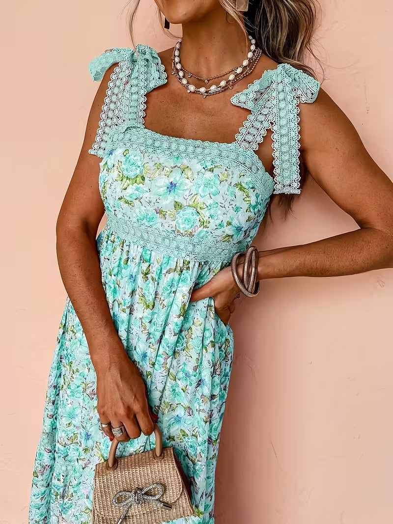 Floral Lace Tie-up High-waisted Maxi Dress