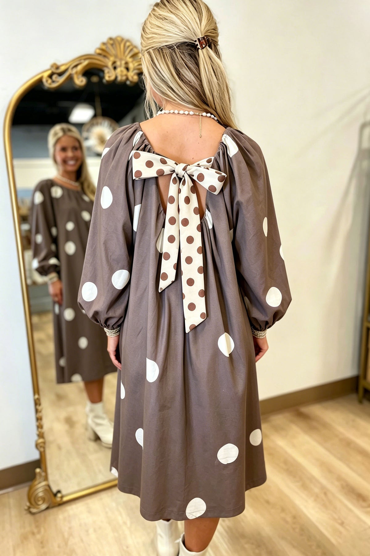 "Brown Polka & Bow" Knot Back Long Sleeve Midi Dress