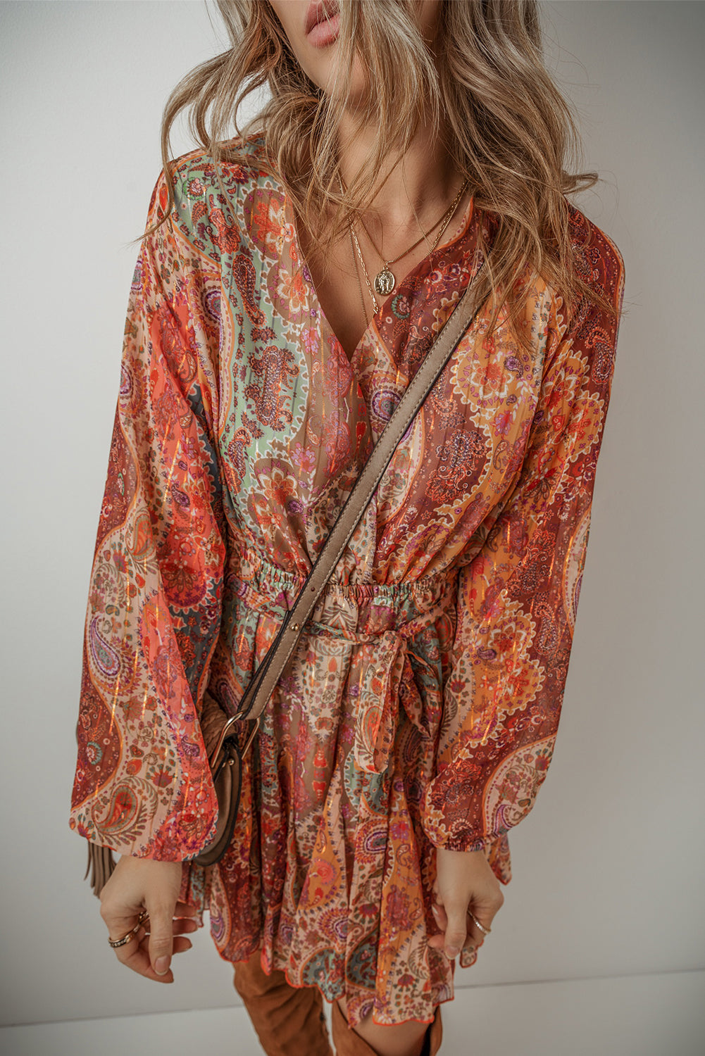 "Orange and Boho Oh My" Paisley Long Sleeve Belted Dress