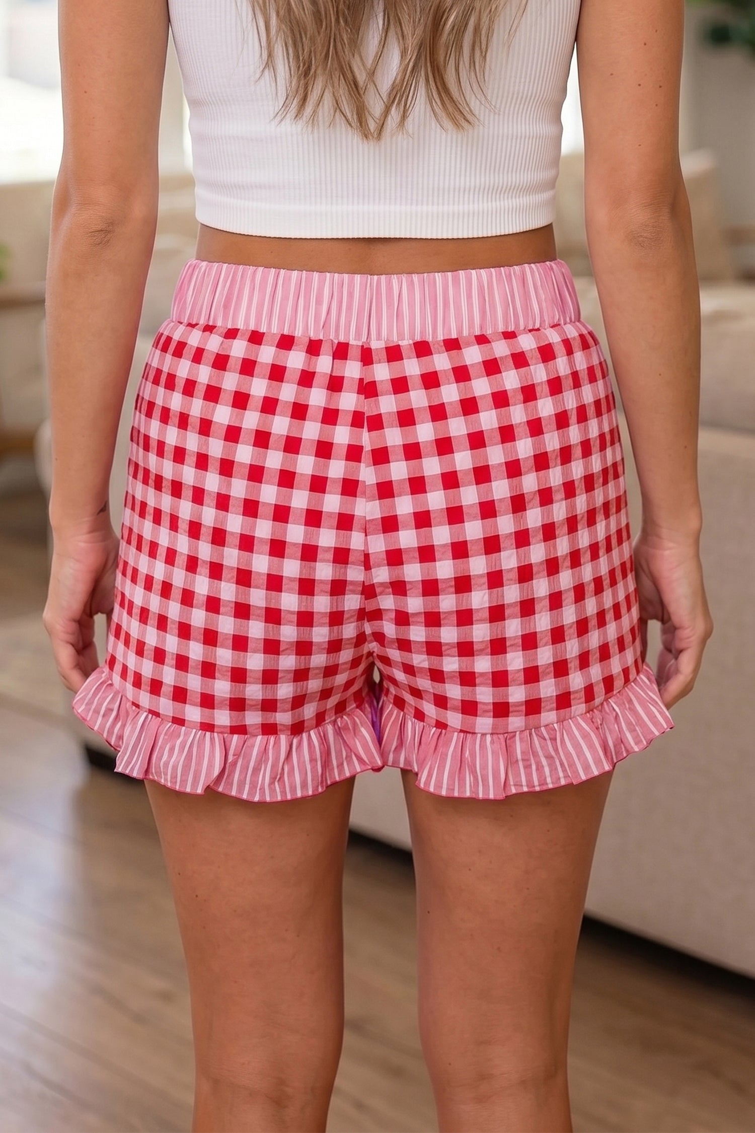 Gingham Ruffle Lace Tie Shorts