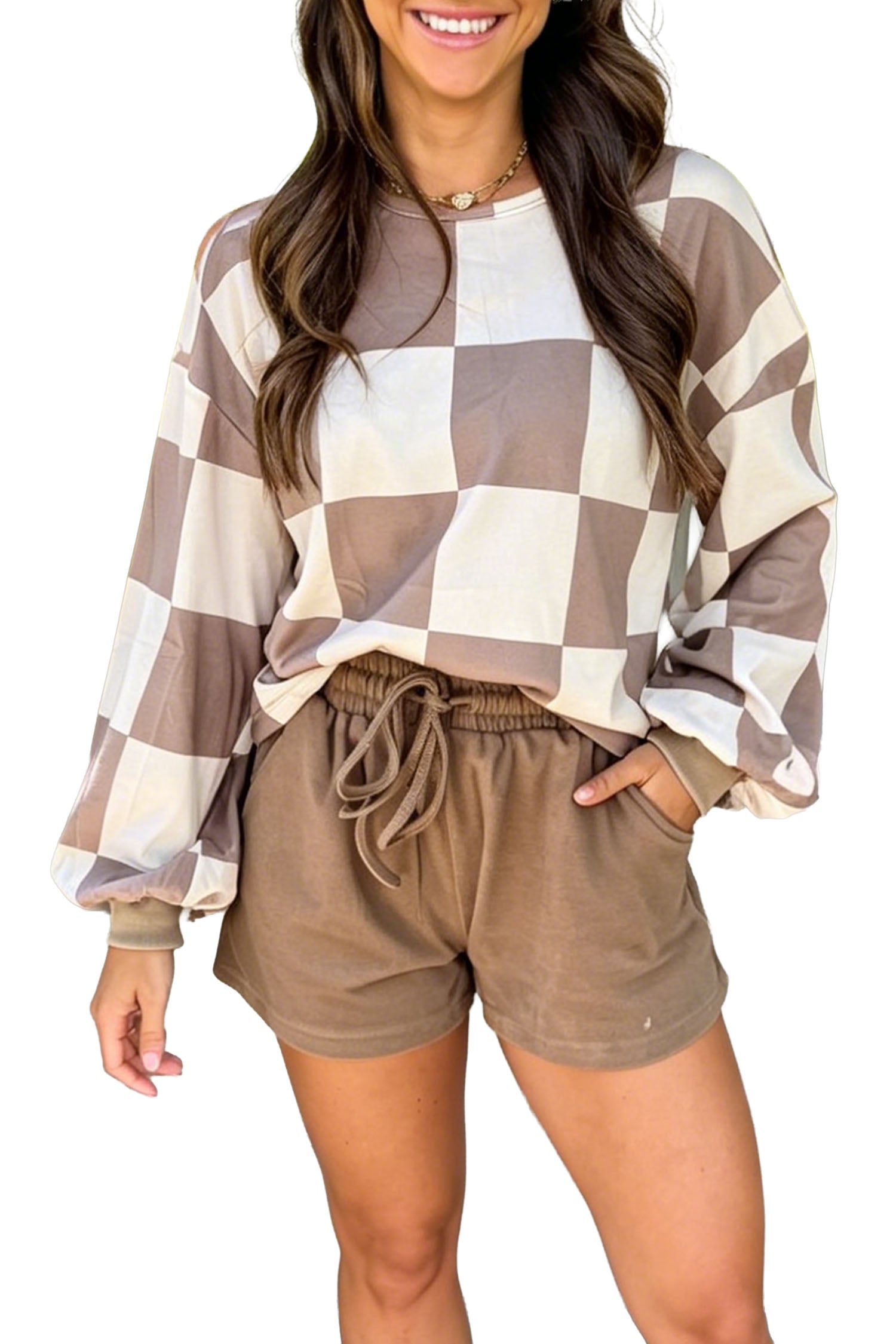Checkerboard Plaid Long Sleeve & Shorts 2pcs Set