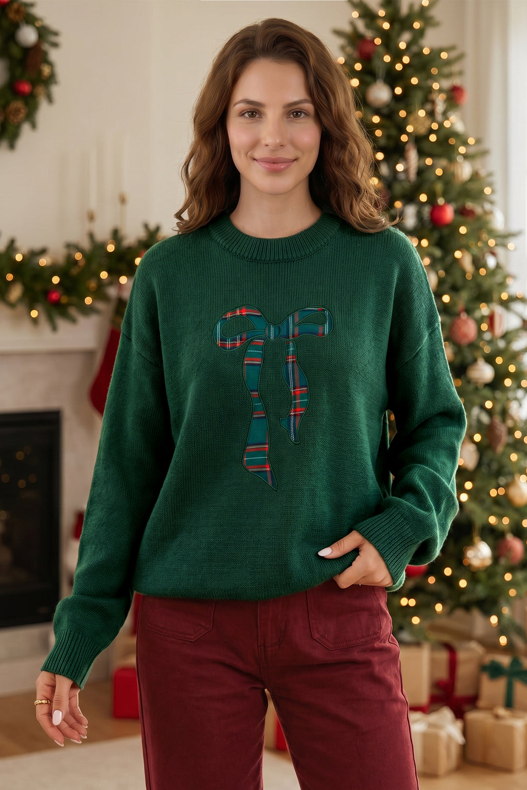 "Green w/ Plaid Bow Tie Back"  Christmas Sweater