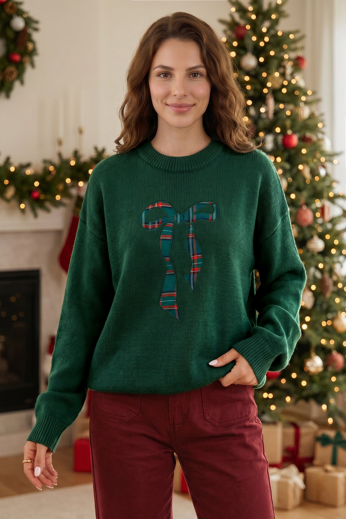 "Green w/ Plaid Bow Tie Back"  Christmas Sweater