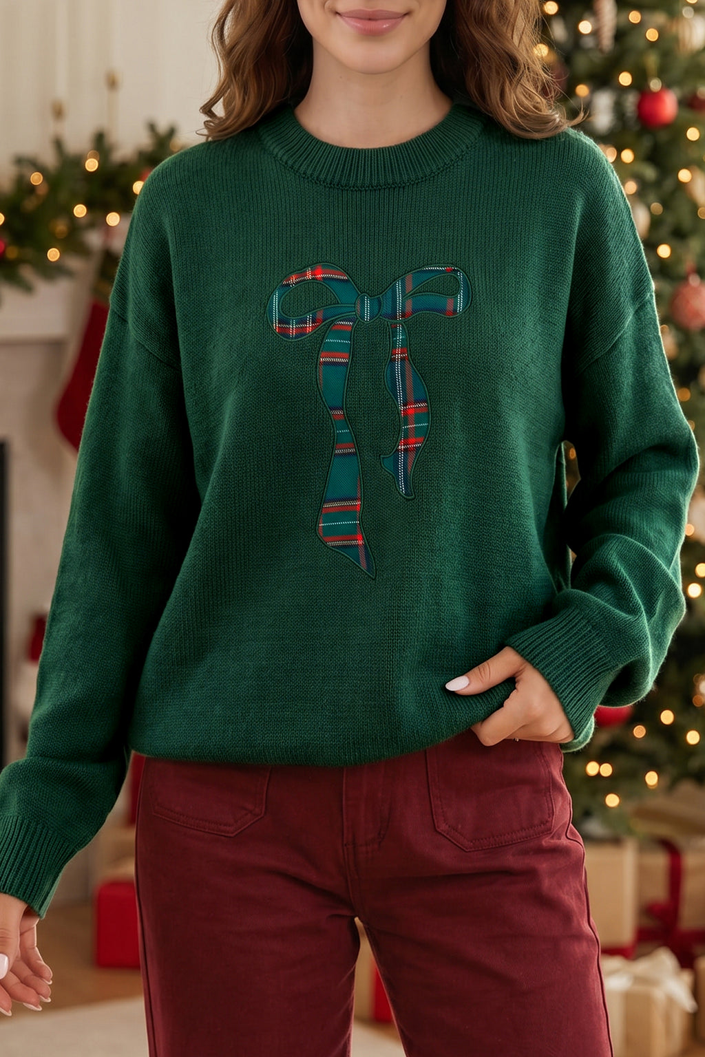 "Green w/ Plaid Bow Tie Back"  Christmas Sweater