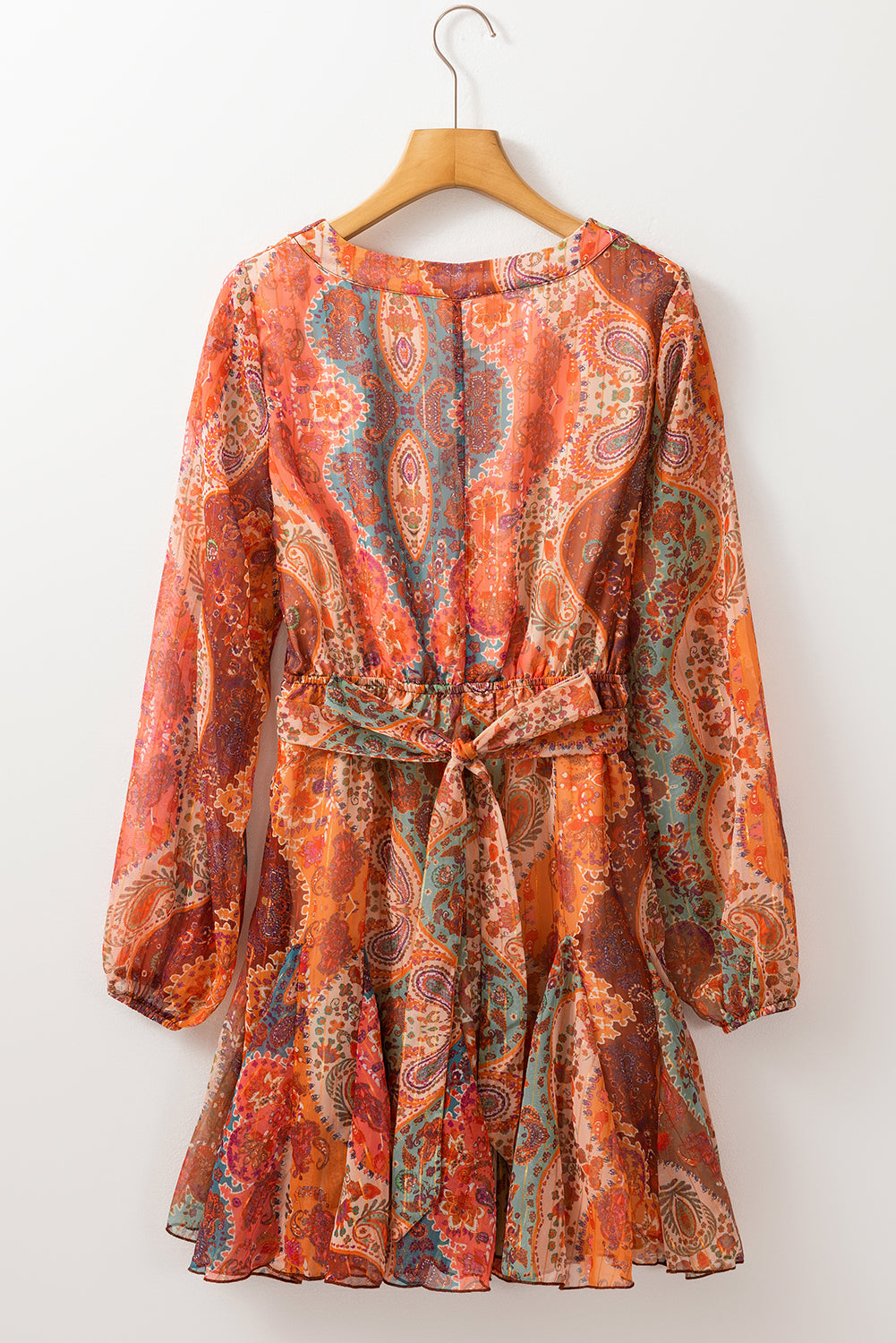 "Orange and Boho Oh My" Paisley Long Sleeve Belted Dress