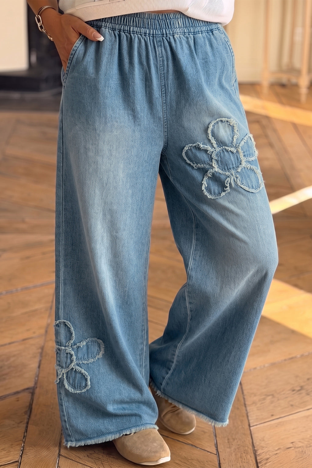 "Flirty in Floral" Patched Wide Leg Jeans