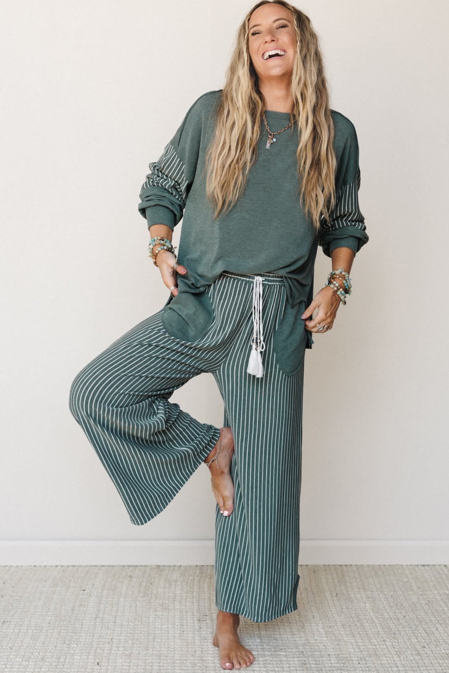 “Green Bay Rae” Patchwork Long Sleeve Top & Pants 2pcs Set
