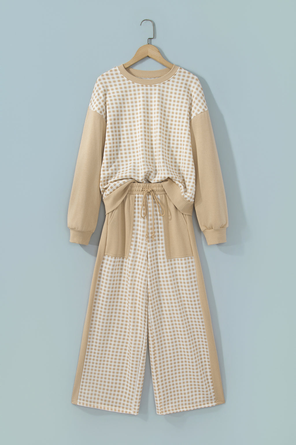 Color Block Plaid Patchwork Long Sleeve Pullover Pant Set