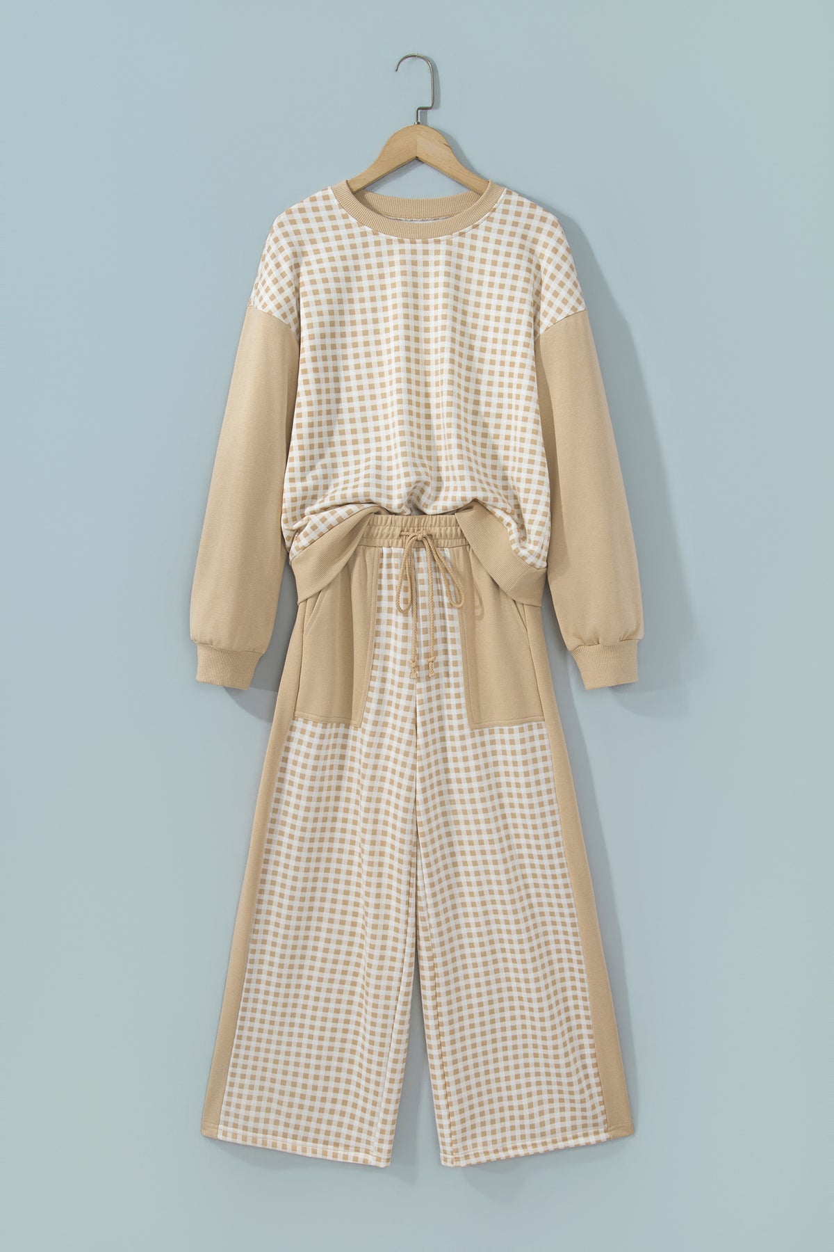 Color Block Plaid Patchwork Long Sleeve Pullover Pant Set