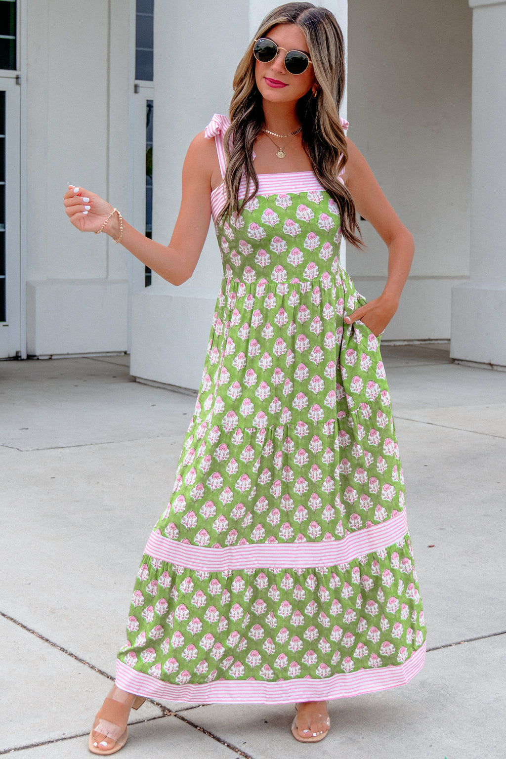 "Garden Party" Green Floral Tie Straps Maxi Dress