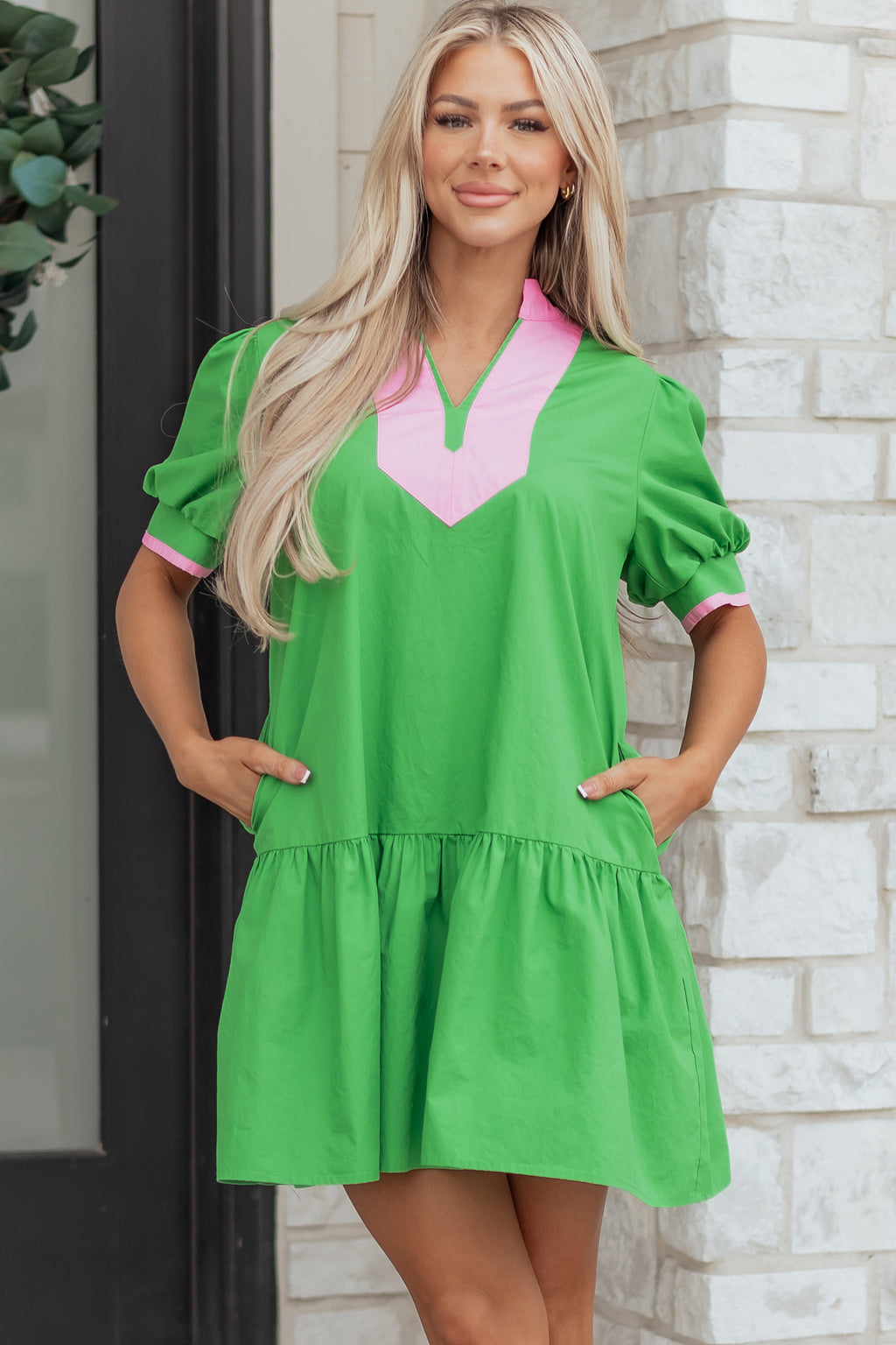 "Giddy In Green" Color Block Puff Sleeve Ruffle Hem Dress