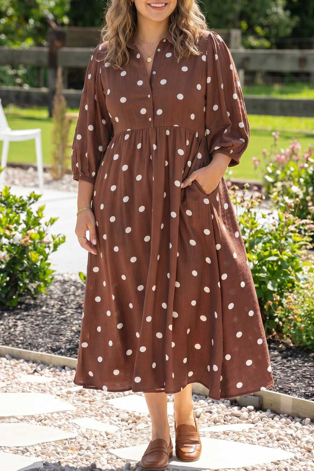 Brown Polka Dot Long Sleeve Plus Size Dress
