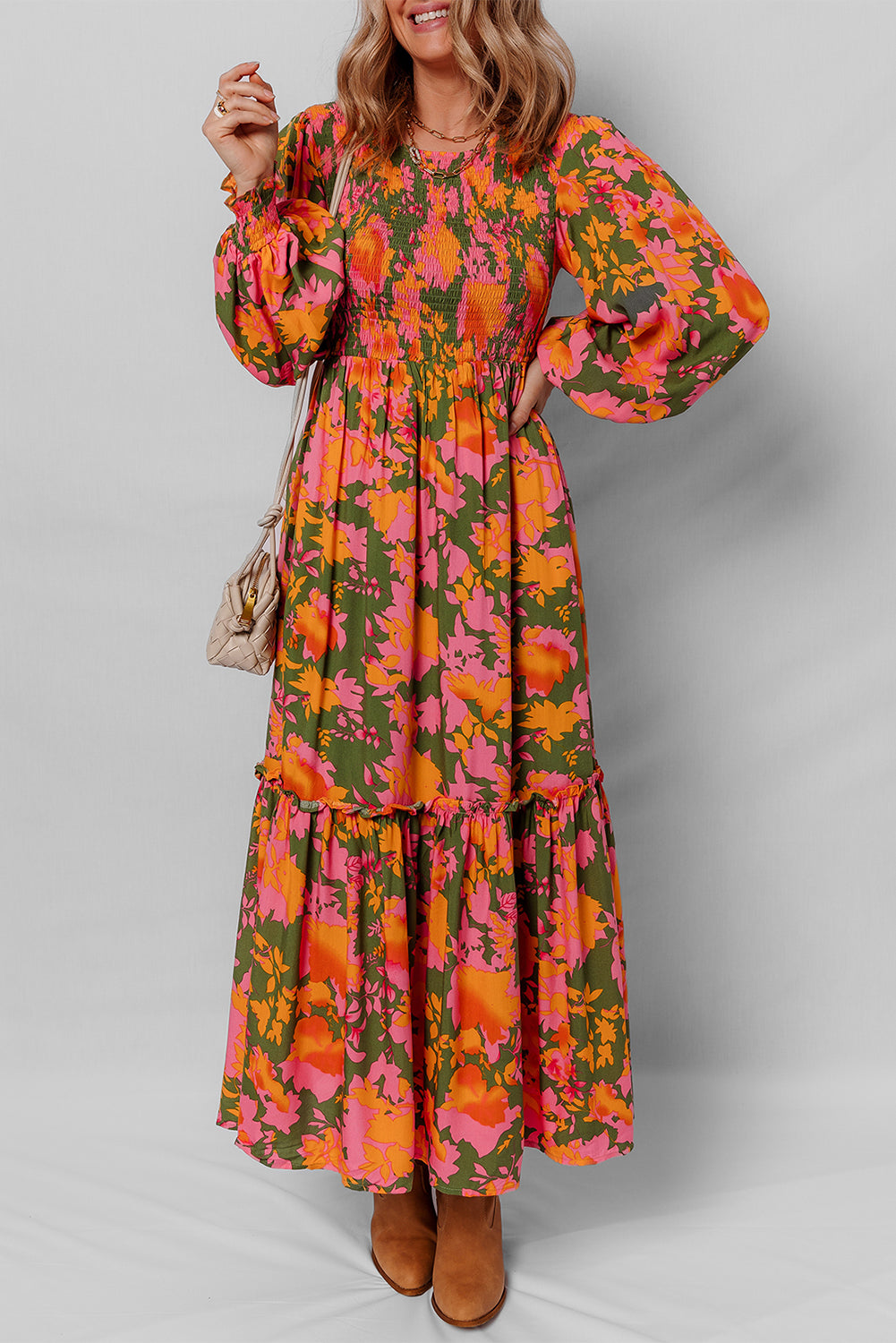 "Orange Blossom" Floral Ruffled Long Dress