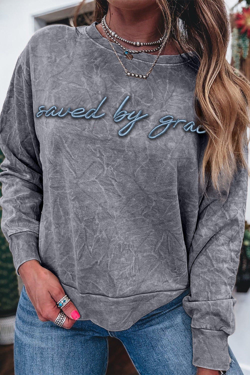 "Saved by Grace" Embroidered Mineral Wash Sweatshirt
