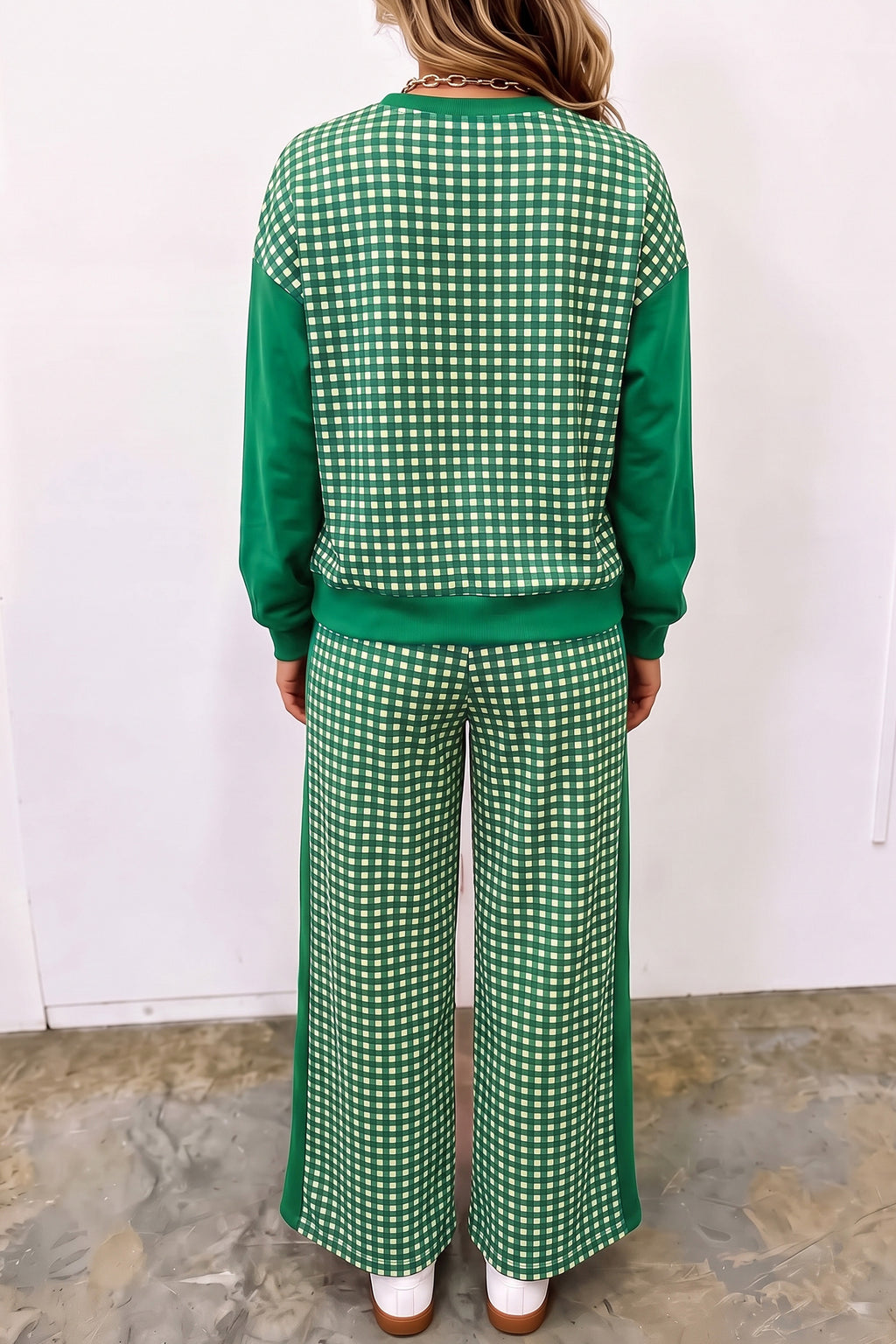 Color Block Plaid Patchwork Long Sleeve Pullover Pant Set