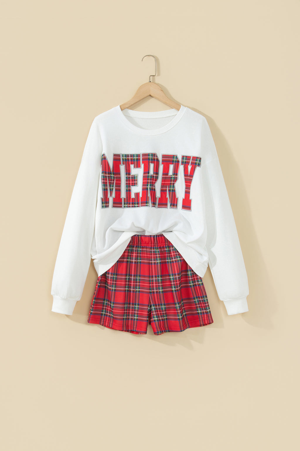 Plaid MERRY Long Sleeve Top and Shorts Set