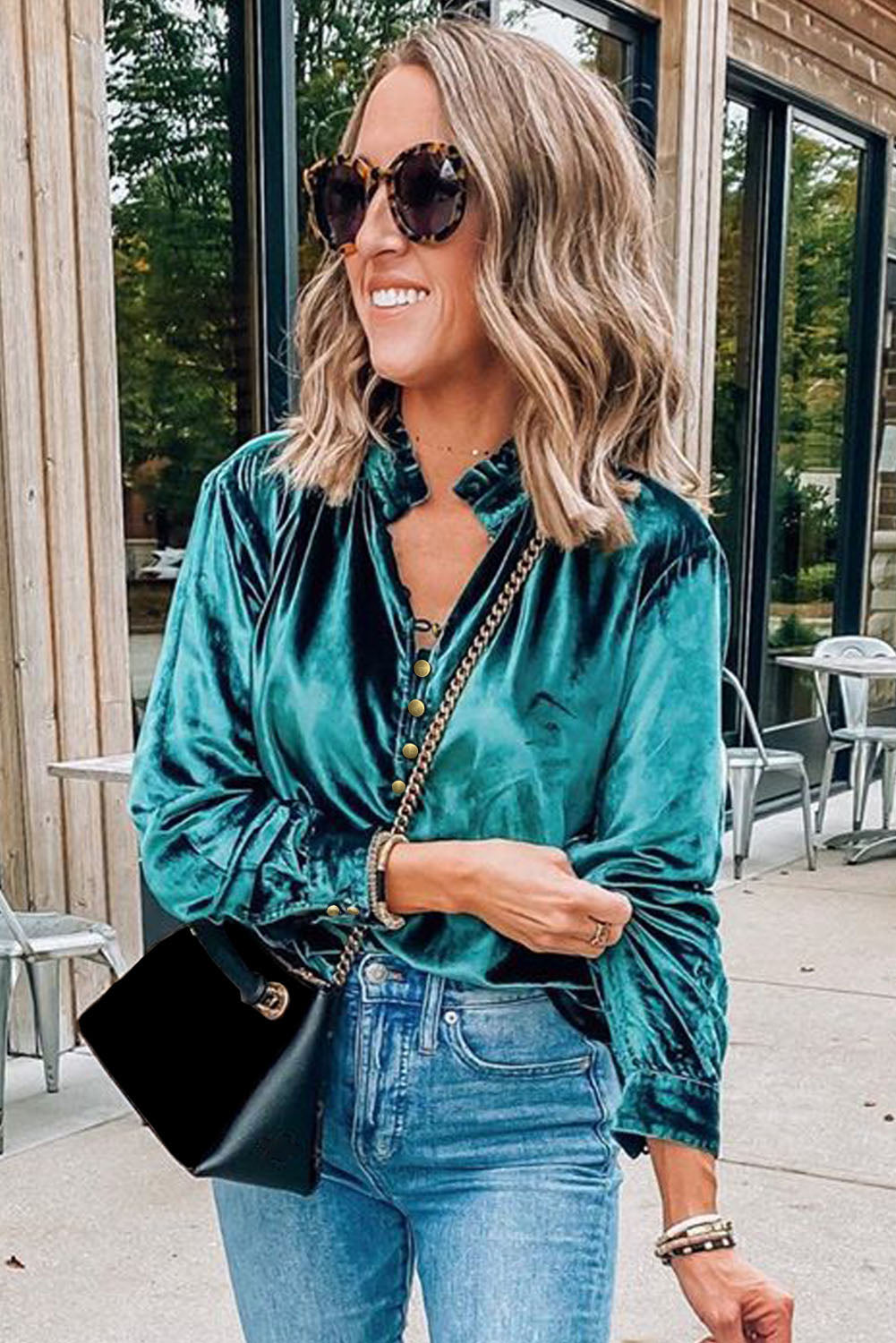 “Frilled” Mock Neck Velvet Top