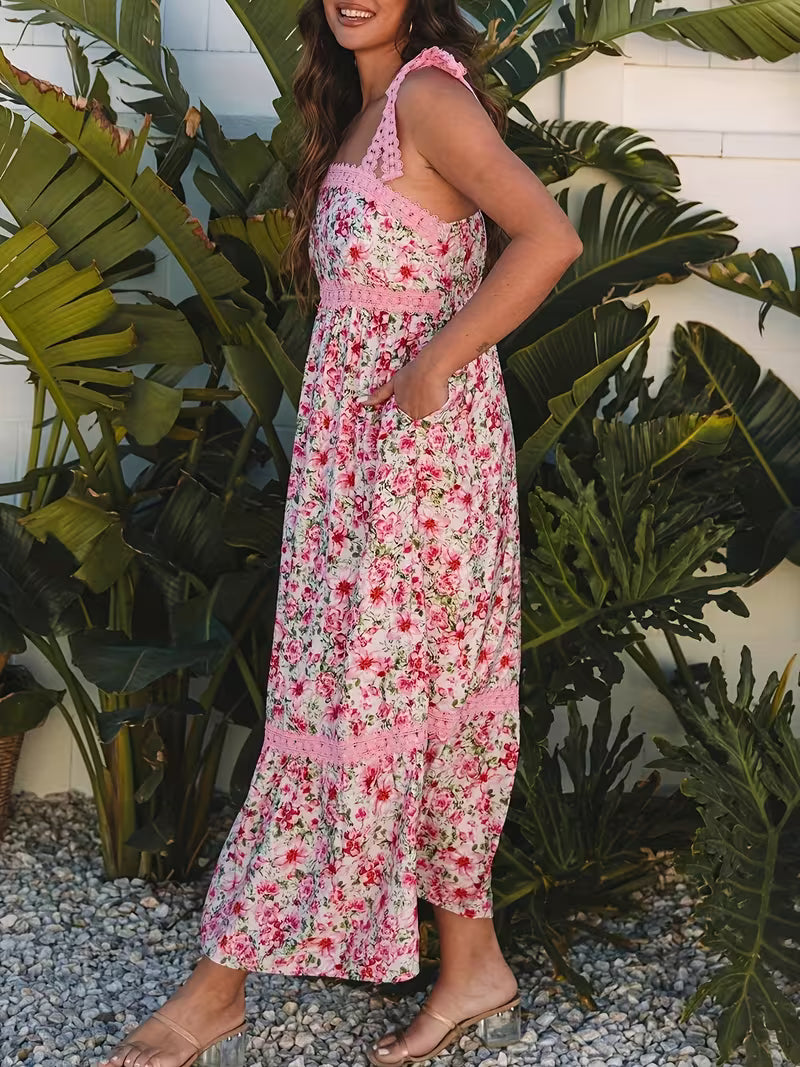 Floral Lace Tie-up High-waisted Maxi Dress