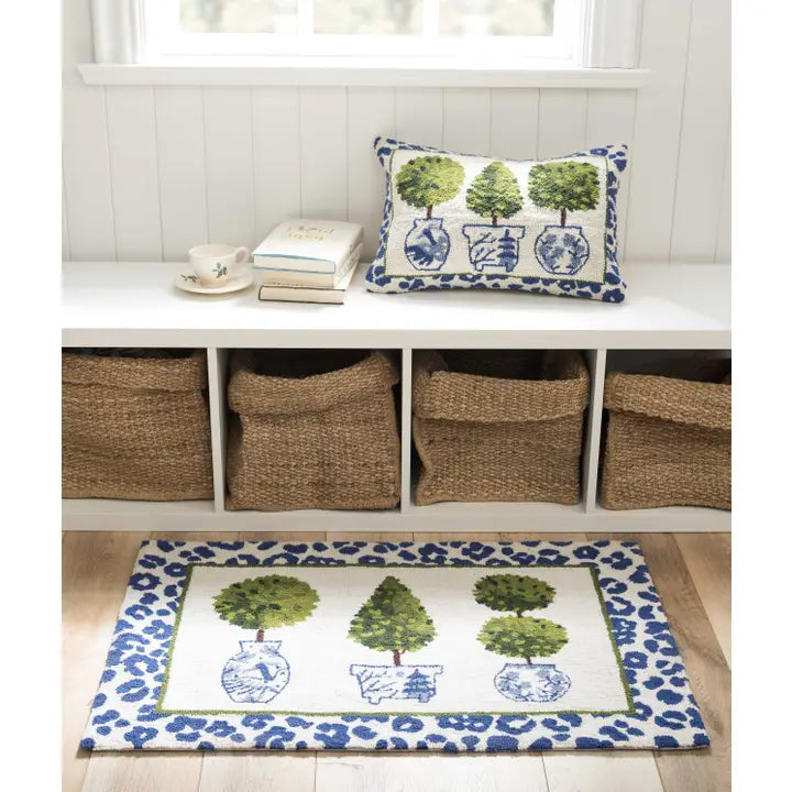 Blue Chinoiserie Leopard Print Topiary Hook Pillow