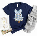 Christmas Tree Blue Floral Coquette Bow Tee