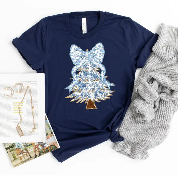 Christmas Tree Blue Floral Coquette Bow Tee