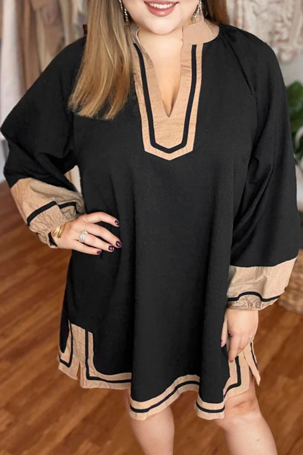 Color Block Trim Long Sleeve Black Plus Size Dress