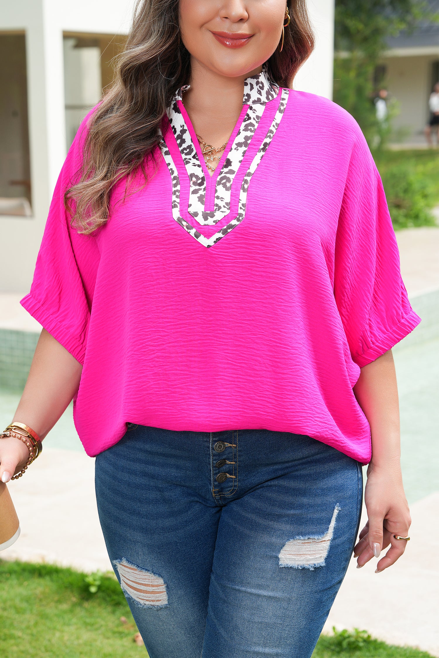 "Radiant In Rose" Leopard Trim Plus Size Top
