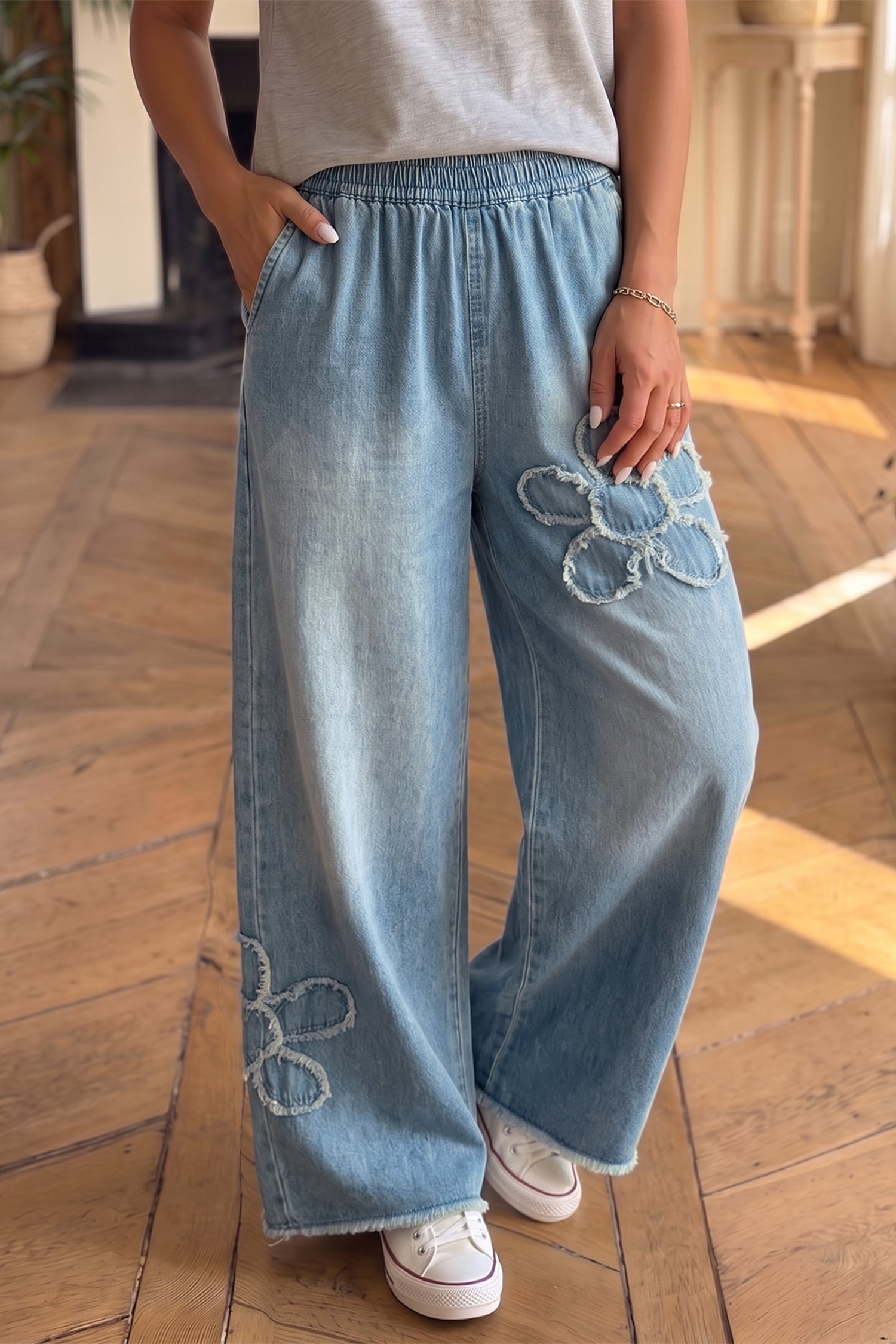 "Flirty in Floral" Patched Wide Leg Jeans
