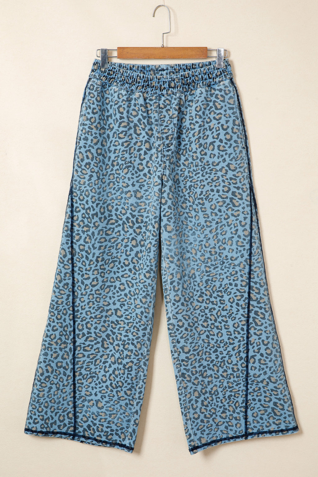 Blue Leopard Print Wide Leg Drawstring Jeans
