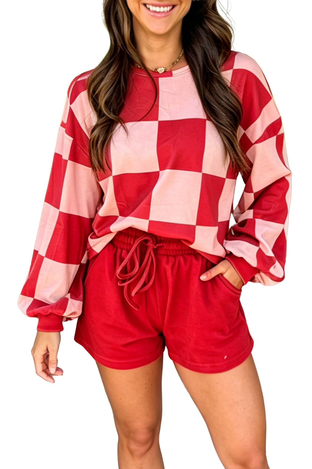 Checkerboard Plaid Long Sleeve & Shorts 2pcs Set