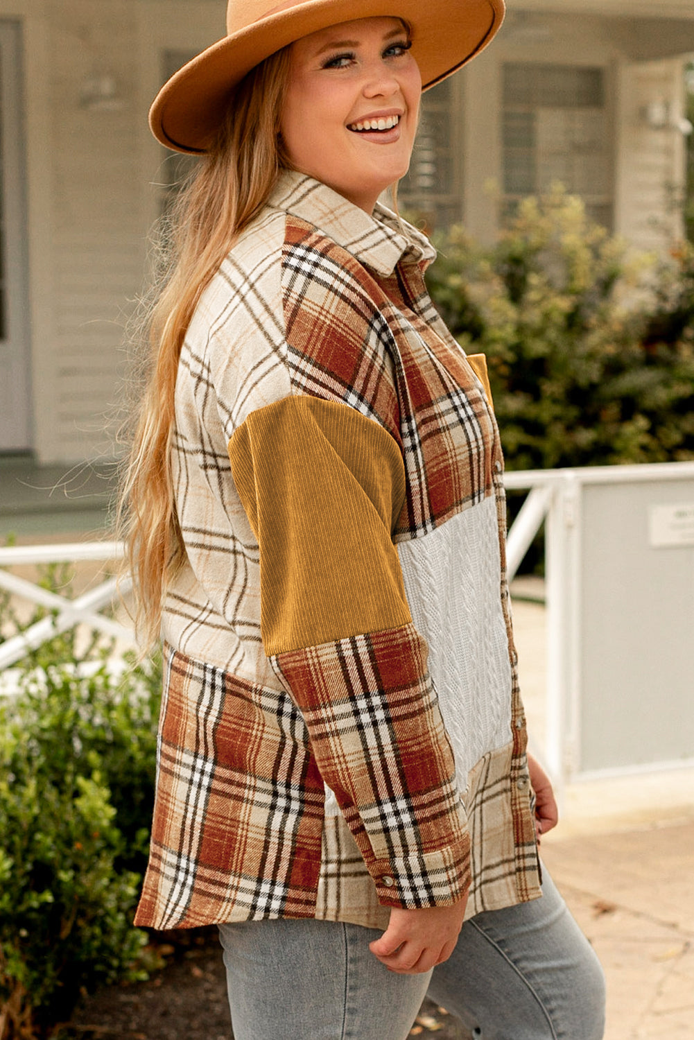 "Golden Apricot Plaid" Plus Size Shacket