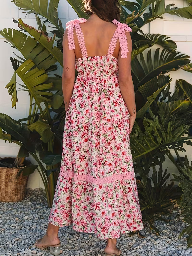 Floral Lace Tie-up High-waisted Maxi Dress