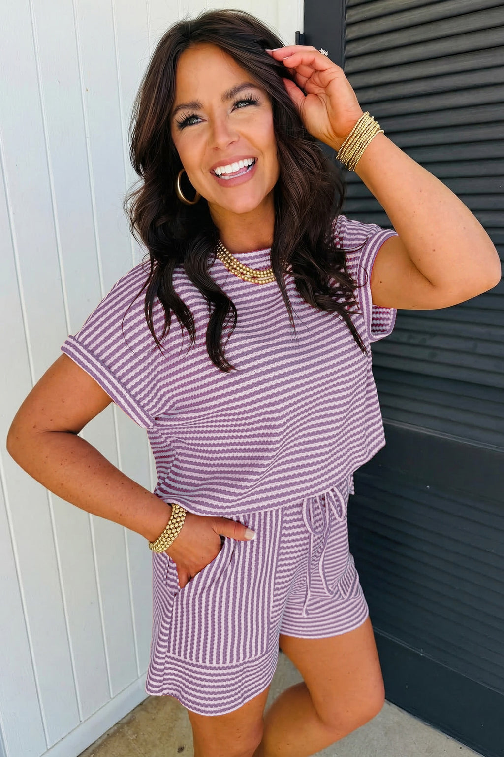 “Seeing Stripes” Textured Knit Short Set