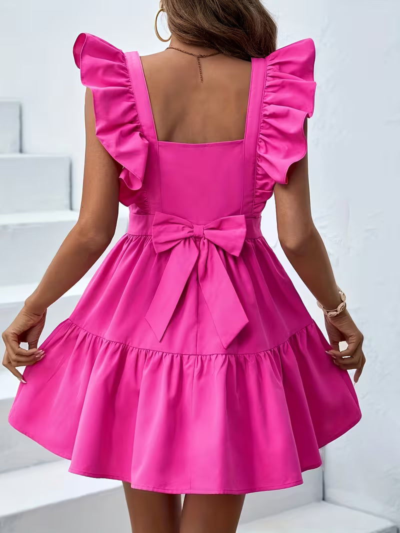 Vibrant Pink Ruffled Sleeved Bow Back Dress