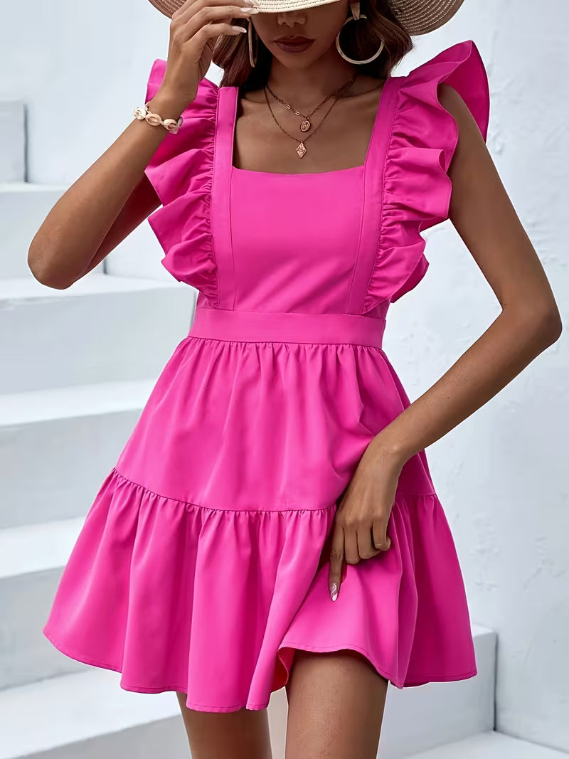 Vibrant Pink Ruffled Sleeved Bow Back Dress