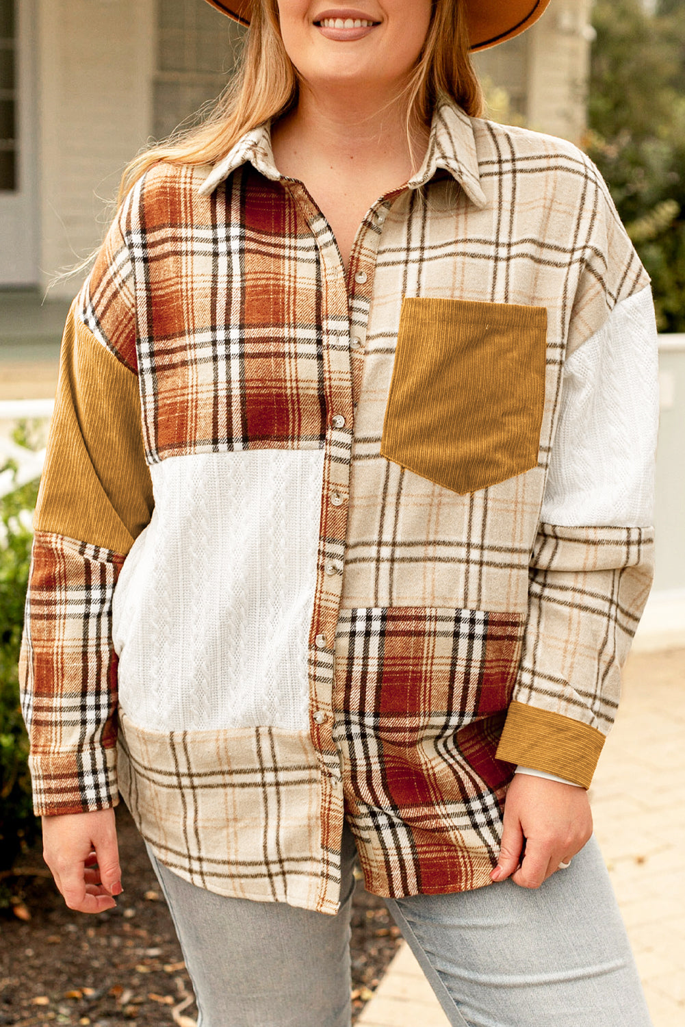 "Golden Apricot Plaid" Plus Size Shacket