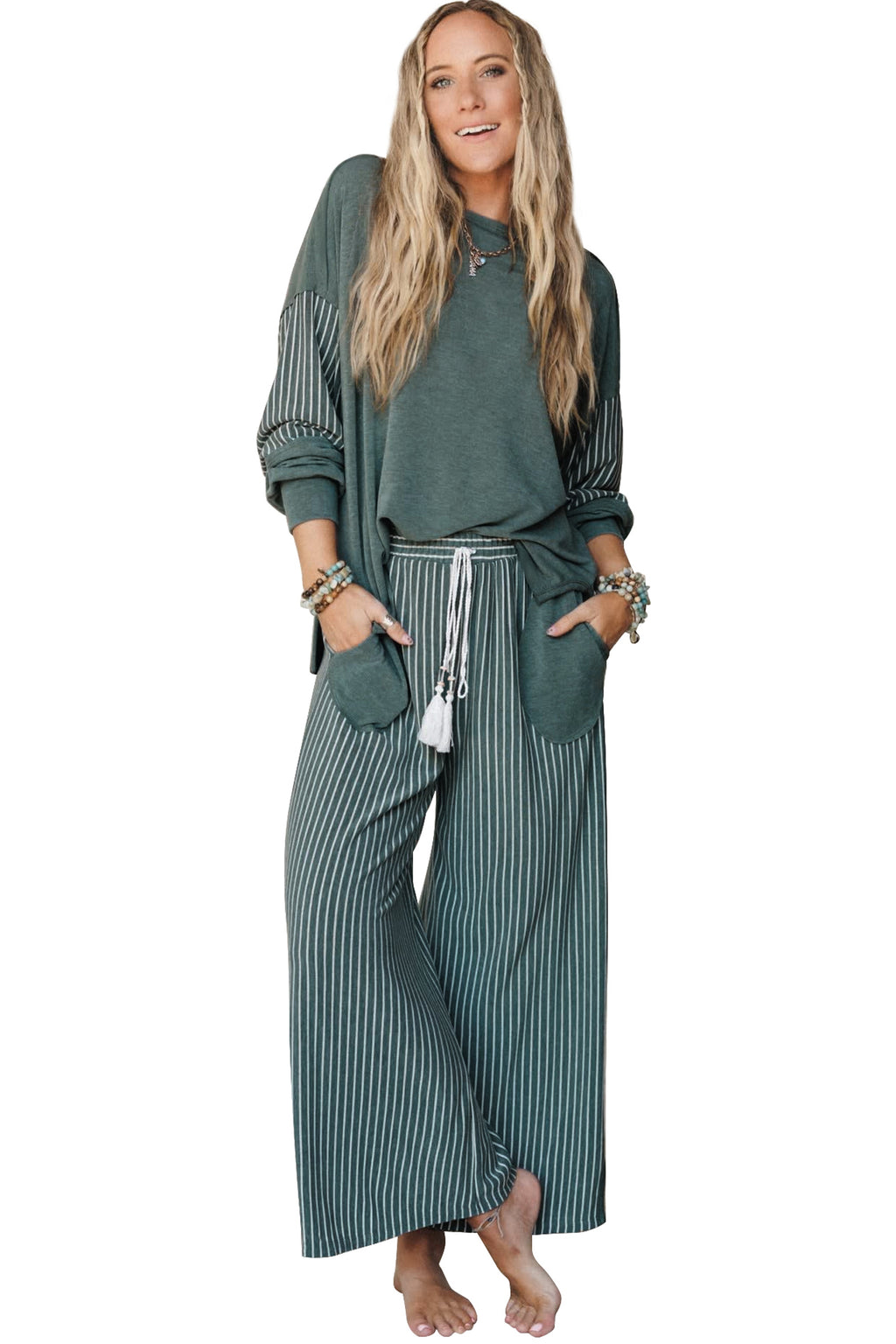 “Green Bay Rae” Patchwork Long Sleeve Top & Pants 2pcs Set