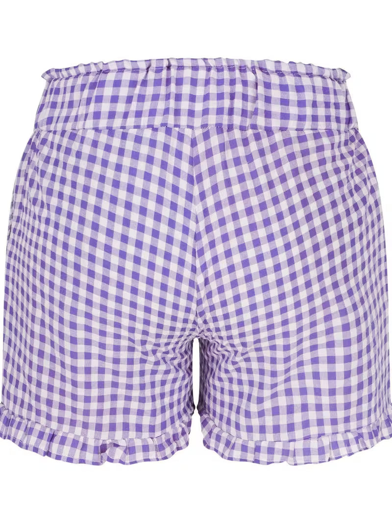 Lilac Gingham Print Ruffle Shorts