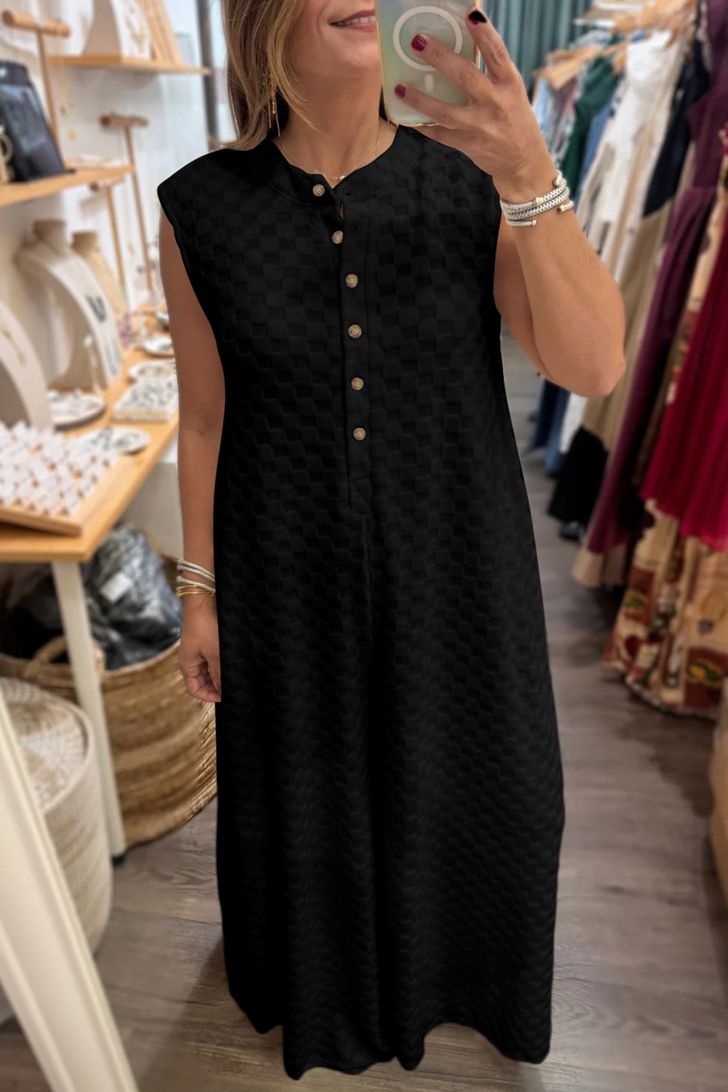 "Check Please" Checkered Cream or Black Wide Leg Jumpsuit