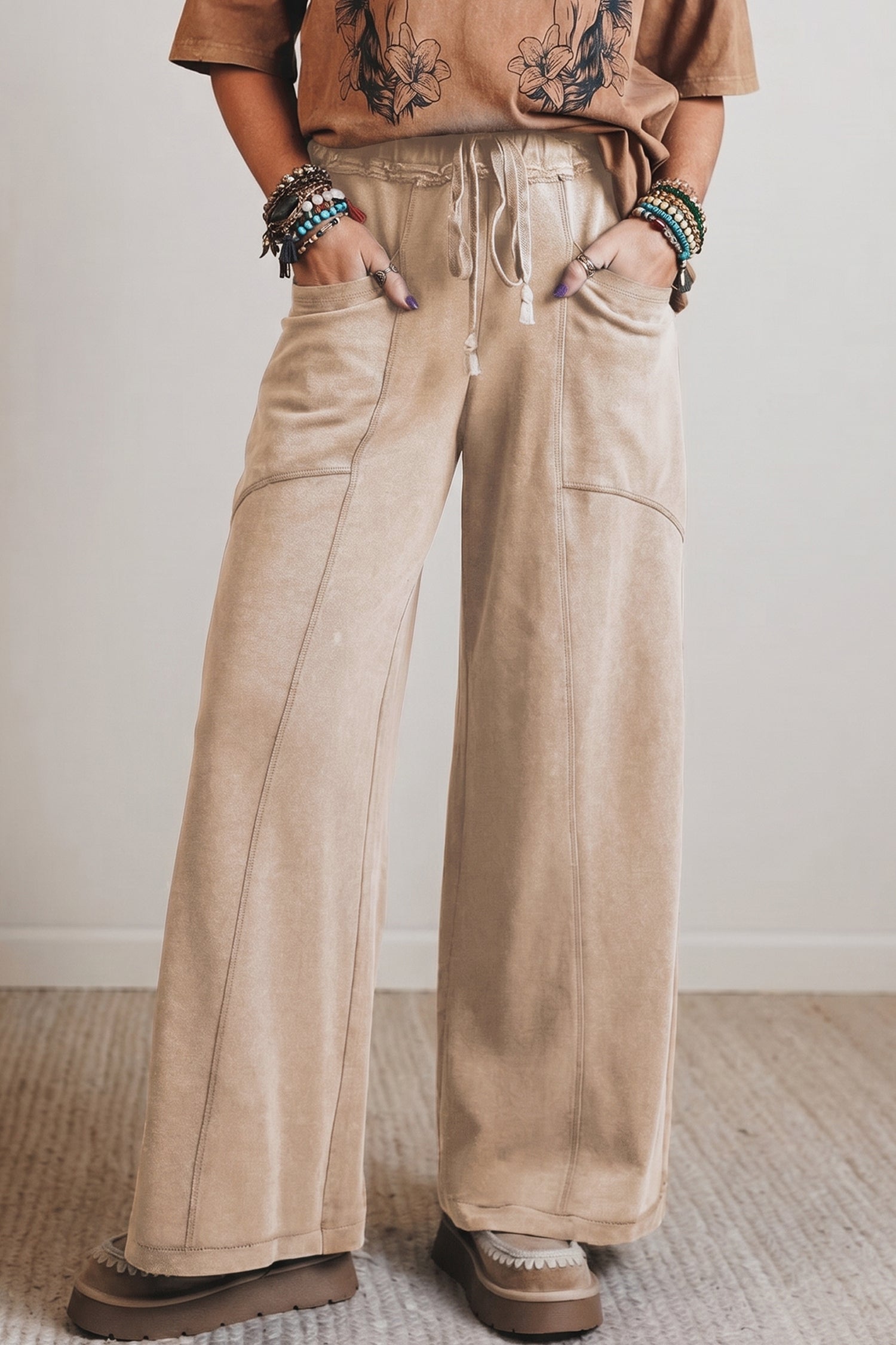 "Khaki or Blue" Boho Mineral Wash Wide Leg Pants