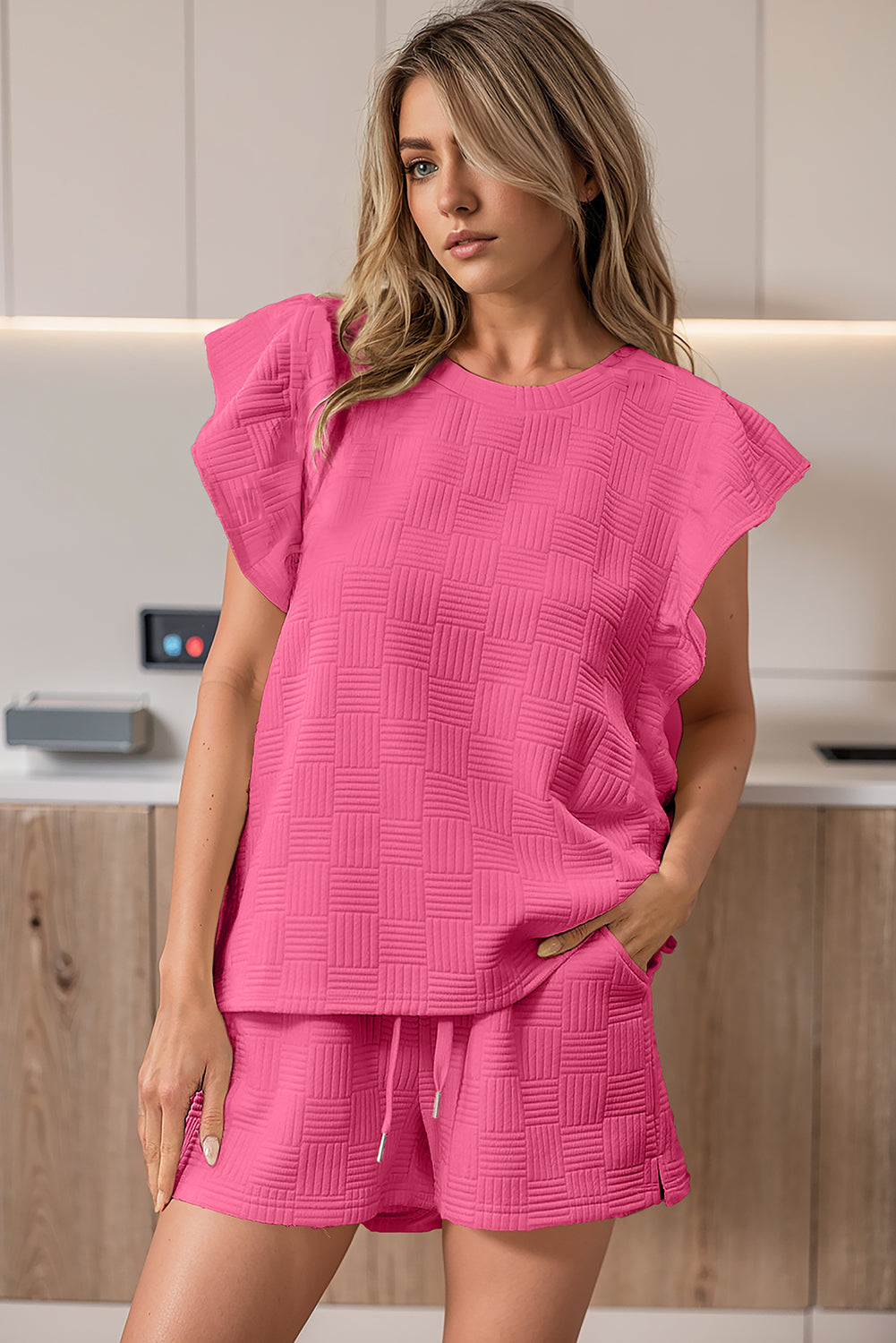 "Pink Bonbon" Textured Ruffled Sleeve Shorts Set