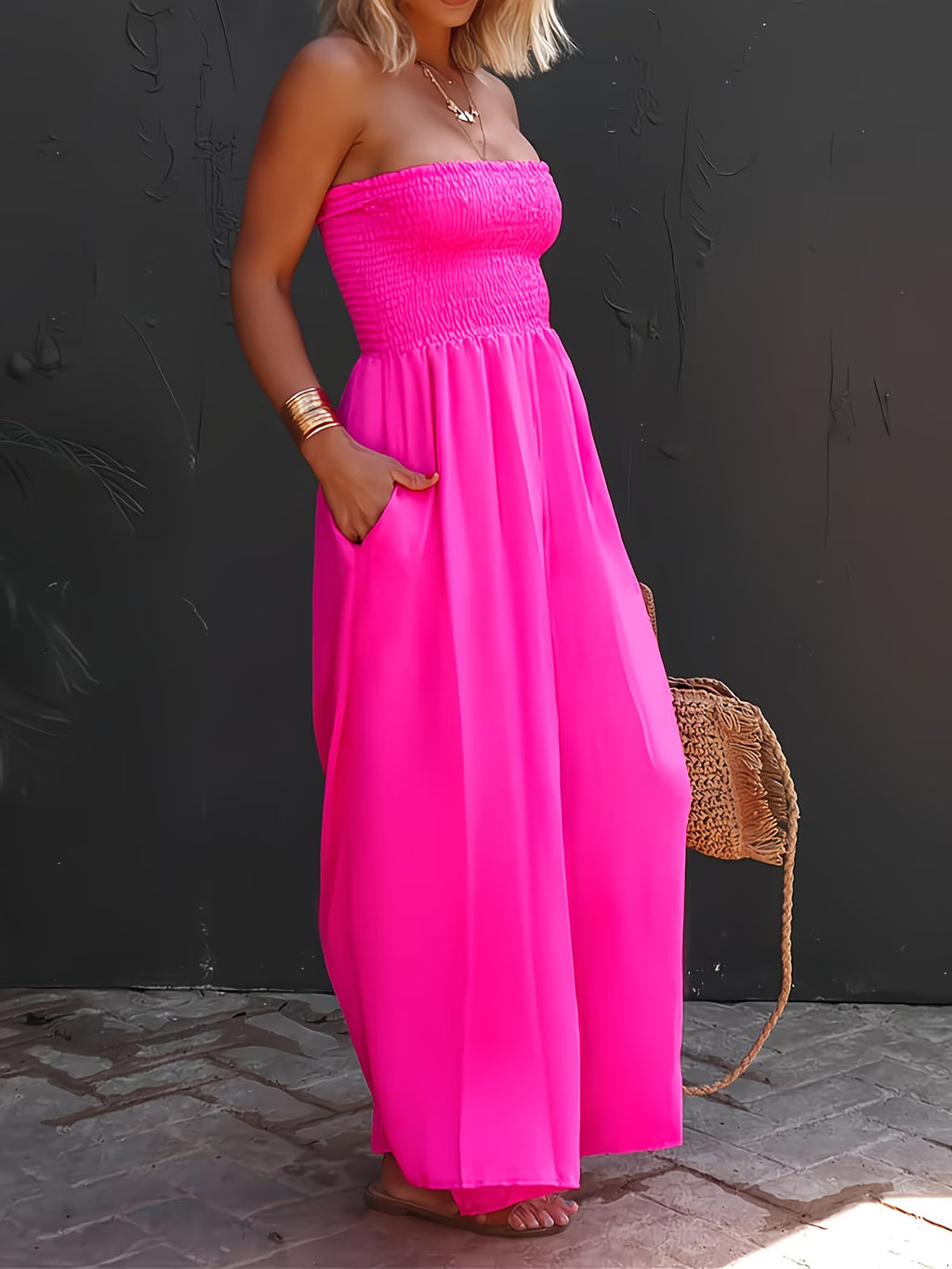 Hot Pink Wide-Leg Strapless Jumpsuit