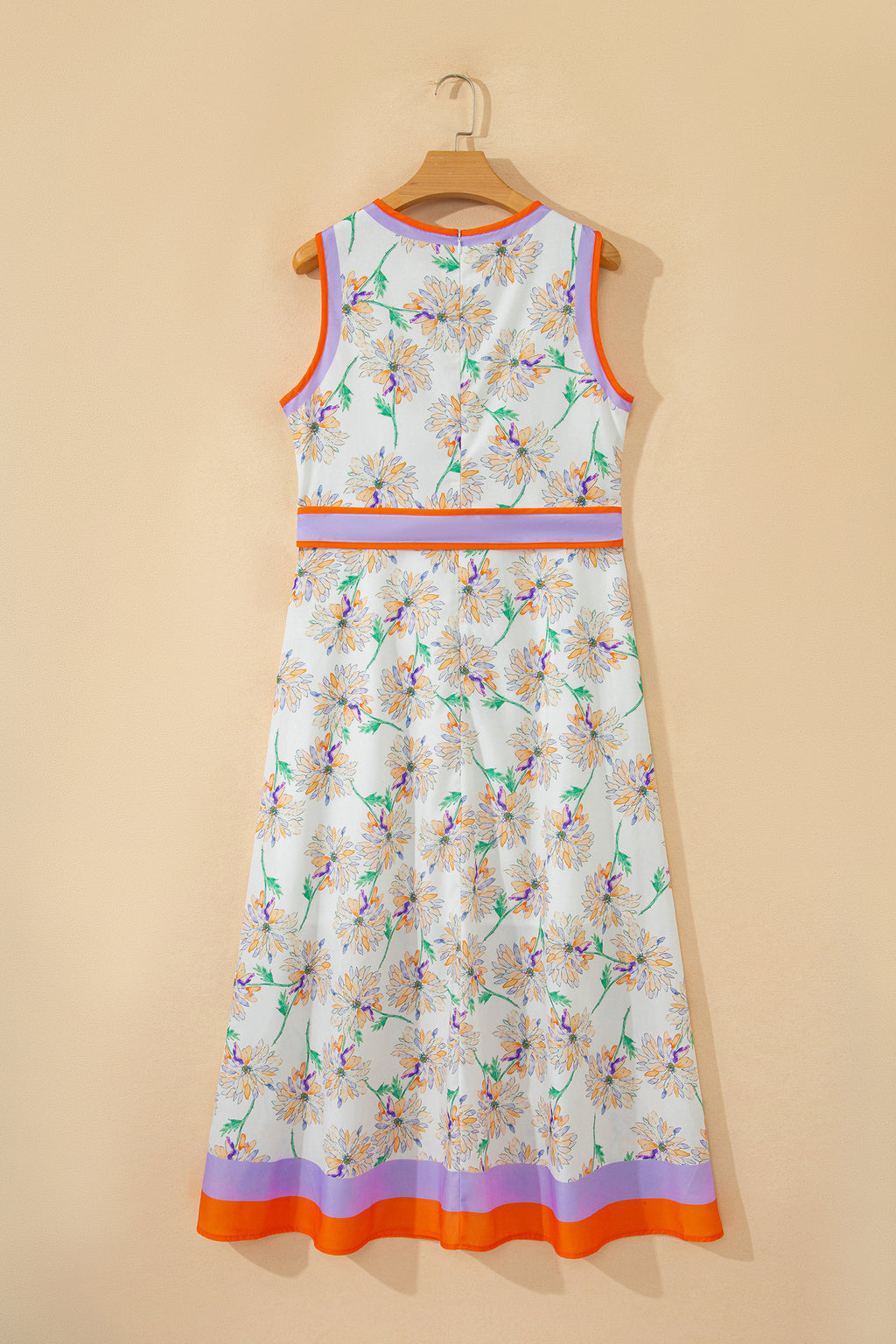 White Floral Print Color Block Trim Belted Maxi Dress