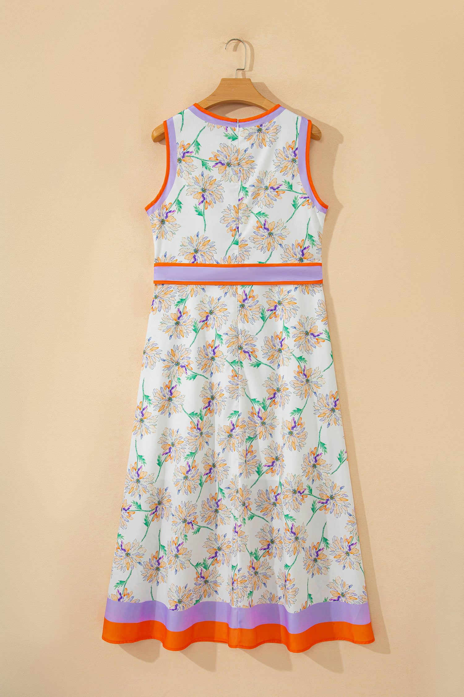 White Floral Print Color Block Trim Belted Maxi Dress