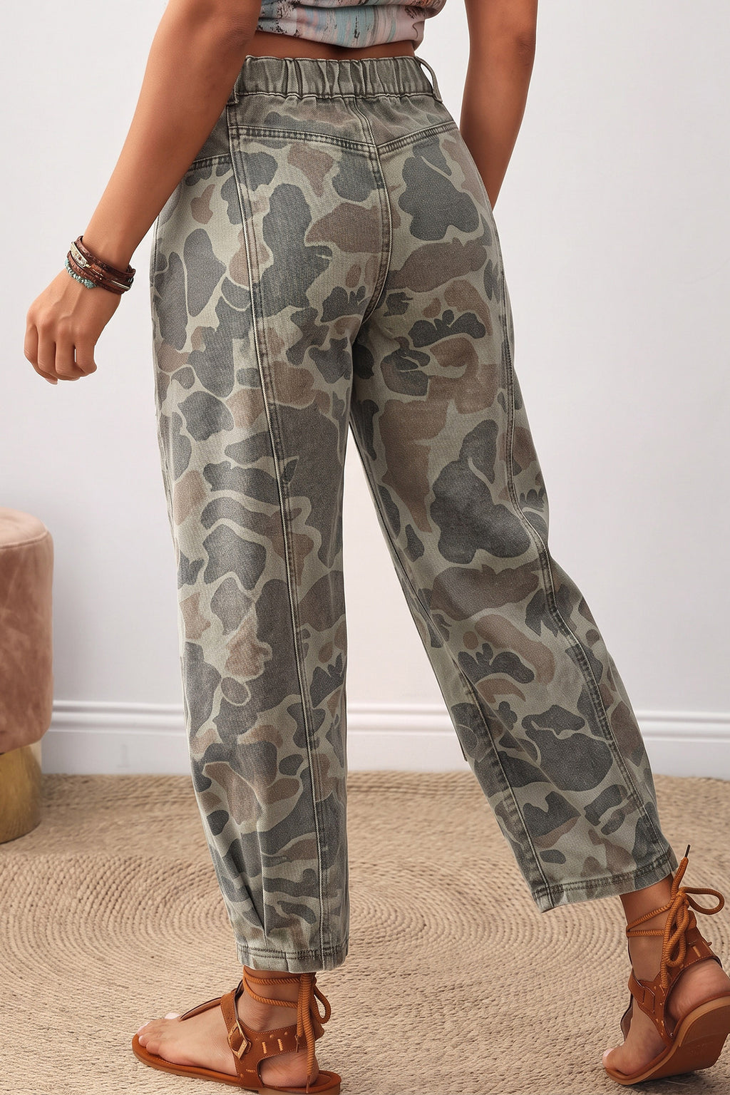 Khaki Camouflage Pattern Patch Detail Casual Jeans